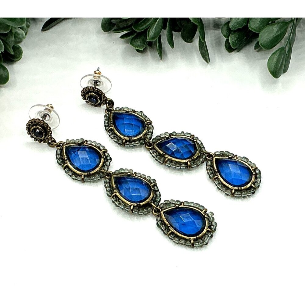Vintage Inspired Blue Teardrop Chandelier Earrings Antique Gold Tone AS IS